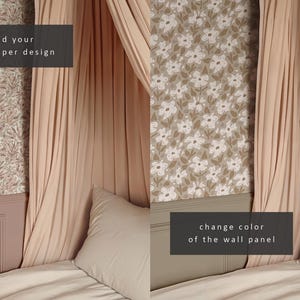 Op de afbeelding: Een slaapkamer met een hemelbed en twee verschillende behangontwerpen. De tekst "add your wallpaper design" staat aan de linkerkant van de afbeelding en de tekst "change color of the wall panel" staat aan de rechterkant van de afbeelding.