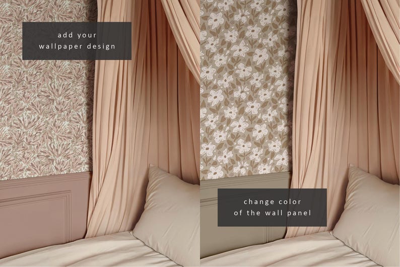 Op de afbeelding: Een slaapkamer met een hemelbed en twee verschillende behangontwerpen. De tekst "add your wallpaper design" staat aan de linkerkant van de afbeelding en de tekst "change color of the wall panel" staat aan de rechterkant van de afbeelding.