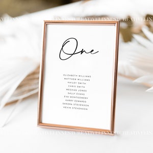 May include: A gold-framed table number sign with the word "One" written in cursive script. The sign lists the names of guests assigned to table one: Elizabeth Williams, Matthew Williams, Hailey Smith, Chris Smith, Meghan Jones, Sally Evans, Eva Montgomery, Harry Edwards, Sandra Stevenson, and Kevin Stevenson.