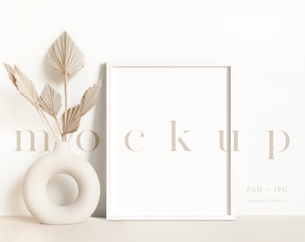 4x5 ratio frame mockup, Minimalist empty wooden frame, Wooden picture frame mockup, Modern boho style wall art mockup, Printables mockup