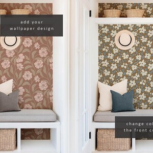 Puede incluir: Dos estantes blancos empotrados con un banco y papel tapiz floral. El texto "add your wallpaper design" est&aacute; en el estante izquierdo y "change color of the front cushion" est&aacute; en el estante derecho.