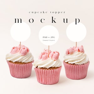Maqueta de toppers de cupcakes, maqueta de cupcake del día de San Valentín, maqueta de topper de cupcake rosa, maqueta de etiqueta de favor, maqueta de topper de cupcake moderna minimalista