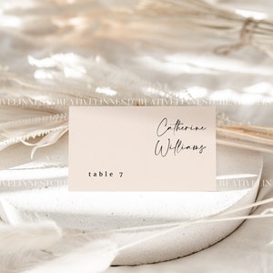 May include: A light pink table card with the text "Catherine Williams" and "table 7" in black font.