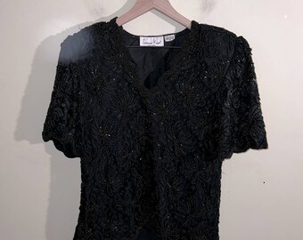 VNTG LAURENCE KAZAR beaded all black blouse M