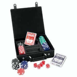 Eleve as noites de jogo com nosso elegante conjunto de pôquer de couro sintético! Inclui fichas, cartas e dados premium em um estojo estiloso. Perfeito para qualquer jogador!