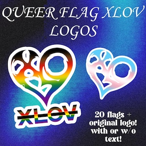 May include: Image features two heart-shaped logos with a rainbow and transgender flag design. The text "QUEER FLAG XLOV LOGOS" is at the top, with "XLOV" below the rainbow heart. Additional text states "20 flags + original logo! with or w/o text!"