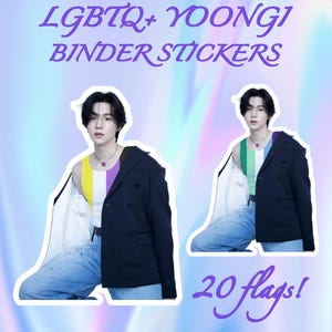 May include: Binder stickers featuring a person wearing a colorful top and a dark blue jacket. The text "LGBTQ+ YOONGI BINDER STICKERS" and "20 flags!" are written in purple script. The background has a gradient of blue, purple, and pink.