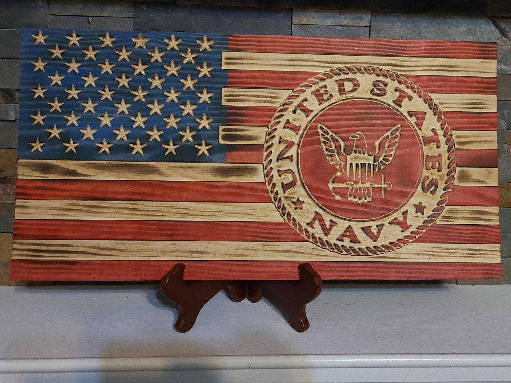 Wooden Carved Navy American Flag wall Plaque Etsy