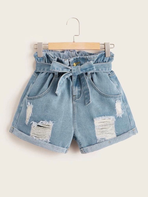 belted paperbag denim shorts