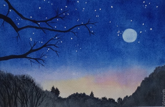 Original Watercolor Starry Night Sky Moon Hand Painted On Etsy