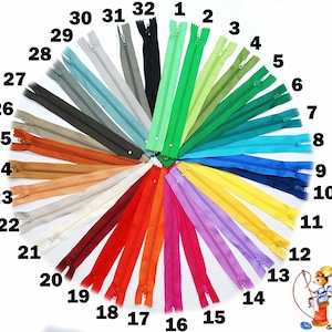 Könnte beinhalten: Eine Auswahl von 32 Reißverschlussfarben, nummeriert von 1 bis 32, die in einem Kreis angeordnet sind. Die Reißverschlüsse sind alle gleich groß und im gleichen Stil, mit einem Metall-Schieber und einem weißen Reißverschlussband.