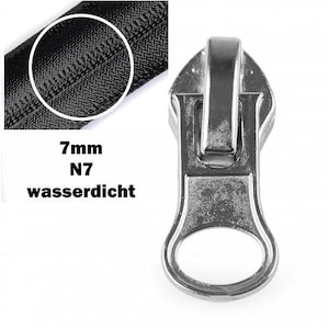 May include: A silver-coloured metal zipper slider with a round pull tab, accompanied by an inset showing a black waterproof zipper tape. The text 7mm N7 wasserdicht is visible, indicating a 7mm width for this waterproof zipper component.