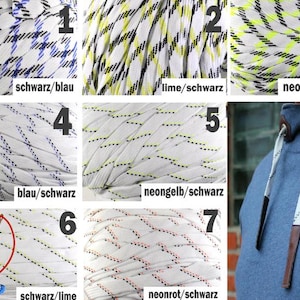 Könnte beinhalten: Nahaufnahme von sieben verschiedenen Arten von weißem Kordel mit schwarzen, blauen, limettenfarbenen, neongelben und neonroten Akzenten. Die Kordeln sind von 1 bis 7 nummeriert. Die Kordeln sind in einer Collage angeordnet.