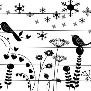 May include: A monochrome illustration of birds, plants, and snowflakes. The design features two birds, stylized flowers, and falling snowflakes. The image has a simple, graphic style, evoking a winter or nature theme.