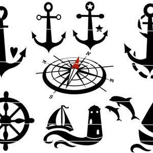 Plotter file Maritime anchor dolphins steering wheel, compass SVG DXF PNG pirates