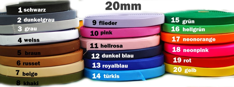 Gummiband 20mm
schwarz 
weiss
dunkelbraun
braun
khaki
lila
rosa
dunkelblau
blau
türkisblau
dunkelgrün
grün
orange
pink
rot