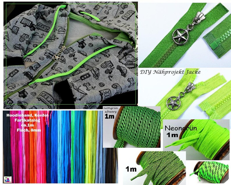 May include: A grey hoodie with a black vehicle print, neon green drawstrings, and a star-shaped zipper pull. Includes green zippers, spools of neon green and black striped cord, and a multi-colored display of flat 8mm wide hoodie drawstrings.