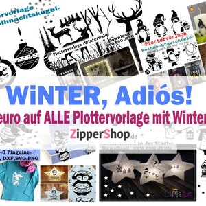 Puede incluir: Un collage digital de dise&ntilde;os gr&aacute;ficos en blanco y negro con temas invernales que incluyen adornos navide&ntilde;os, ciervos en un bosque, gnomos y ping&uuml;inos. La imagen incluye texto como Plottervorlage, Winter y ZipperShop.de, mostrando diversas aplicaciones artesanales.