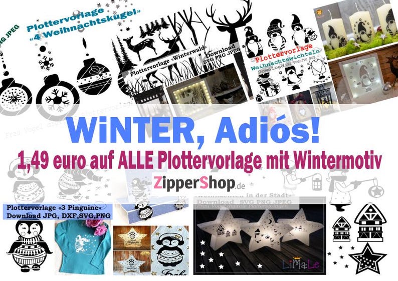 Puede incluir: Un collage digital de dise&ntilde;os gr&aacute;ficos en blanco y negro con temas invernales que incluyen adornos navide&ntilde;os, ciervos en un bosque, gnomos y ping&uuml;inos. La imagen incluye texto como Plottervorlage, Winter y ZipperShop.de, mostrando diversas aplicaciones artesanales.