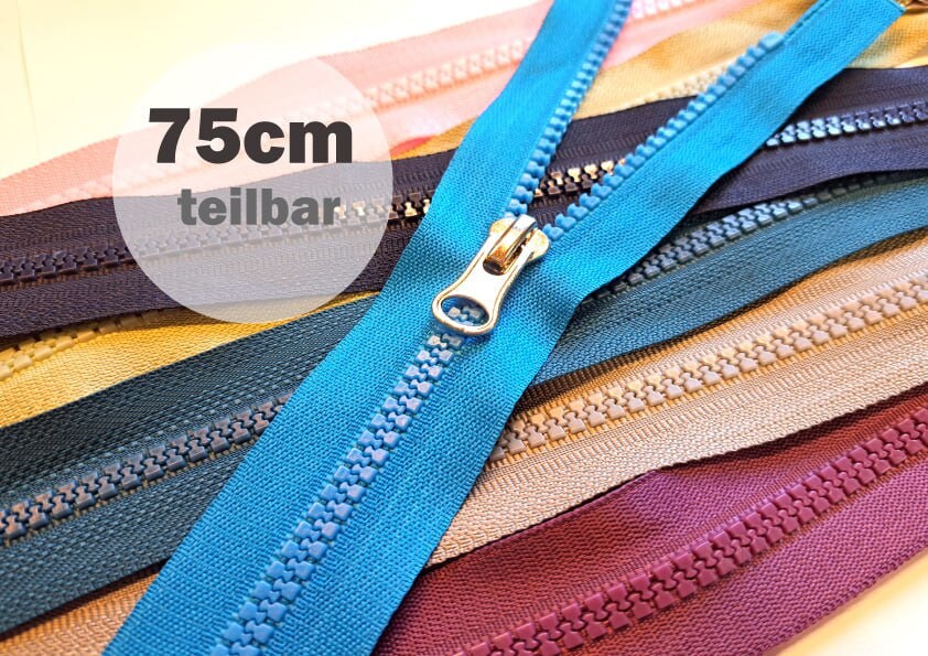 Zipper divisible 75 cm plastic tooth 5 mm black grey red pink orange for jackets, baby clothes, vests, coats sewing repair
