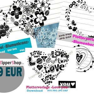Puede incluir: Una colecci&oacute;n de dise&ntilde;os gr&aacute;ficos digitales con coronas florales, patrones en forma de coraz&oacute;n en blanco y negro, y tipograf&iacute;a que incluye las palabras love y you. Los dise&ntilde;os se presentan sobre fondos de papel rayado con etiquetas de formato.