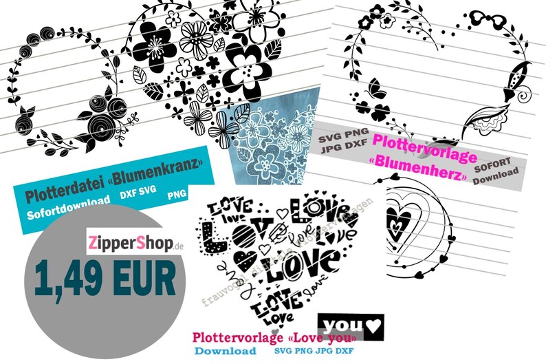 Puede incluir: Una colecci&oacute;n de dise&ntilde;os gr&aacute;ficos digitales con coronas florales, patrones en forma de coraz&oacute;n en blanco y negro, y tipograf&iacute;a que incluye las palabras love y you. Los dise&ntilde;os se presentan sobre fondos de papel rayado con etiquetas de formato.