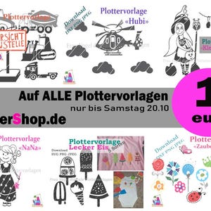 Puede incluir: Una colecci&oacute;n digital de archivos de trazado con veh&iacute;culos de construcci&oacute;n, un helic&oacute;ptero, una bruja, una ni&ntilde;a, helados y flores. El texto incluye VORSICHT BAUSTELLE, Plottervorlage Hubi, Kleine Hexe, NaNa, Lecker Eis, Zauberwiese y Zippershop.de.