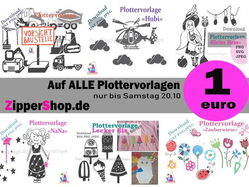 Puede incluir: Una colecci&oacute;n digital de archivos de trazado con veh&iacute;culos de construcci&oacute;n, un helic&oacute;ptero, una bruja, una ni&ntilde;a, helados y flores. El texto incluye VORSICHT BAUSTELLE, Plottervorlage Hubi, Kleine Hexe, NaNa, Lecker Eis, Zauberwiese y Zippershop.de.