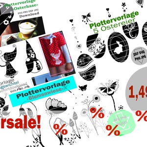 Puede incluir: Una colecci&oacute;n digital de dise&ntilde;os gr&aacute;ficos en blanco y negro con conejitos de Pascua, gnomos, flores y huevos estampados. La imagen incluye texto como Plottervorlage, Ostersale y 1,49EUR, junto con etiquetas de formato como SVG, PNG, DXF y JPG.