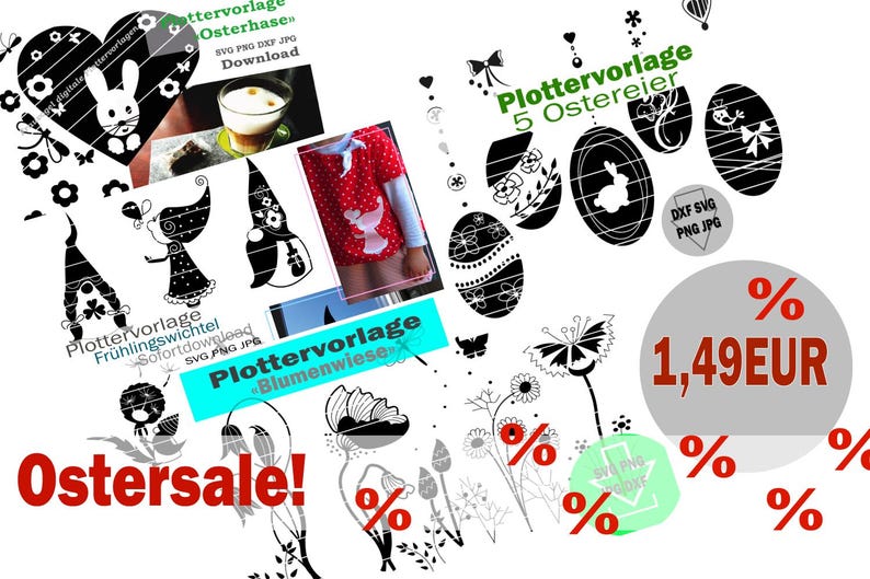 Puede incluir: Una colecci&oacute;n digital de dise&ntilde;os gr&aacute;ficos en blanco y negro con conejitos de Pascua, gnomos, flores y huevos estampados. La imagen incluye texto como Plottervorlage, Ostersale y 1,49EUR, junto con etiquetas de formato como SVG, PNG, DXF y JPG.