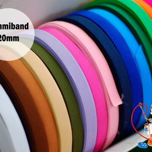 Gummiband 20mm
schwarz 
weiss
dunkelbraun
braun
khaki
lila
rosa
dunkelblau
blau
türkisblau
dunkelgrün
grün
orange
pink
rot