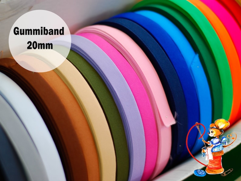 Gummiband 20mm
schwarz 
weiss
dunkelbraun
braun
khaki
lila
rosa
dunkelblau
blau
türkisblau
dunkelgrün
grün
orange
pink
rot
