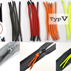 Könnte beinhalten: Sortiment an bunten Schnürsenkel-artigen Kordeln in Schwarz, Grün, Rot, Orange und Gelb. Die Kordeln sind mit einem Reißverschluss und einem Knoten in der Kordel dargestellt. Der Text "Typ V" ist im Bild sichtbar.