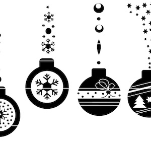 May include: Four black and white Christmas ornaments with different designs. One ornament has a snowflake, one has a ribbon and polka dots, one has a Christmas tree and stars, and one has a string of snowflakes.