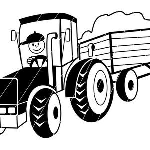 May include: Black and white illustration of a tractor pulling a wagon. The tractor has a driver in the cab and large wheels. The wagon has a wooden bed and two smaller wheels.