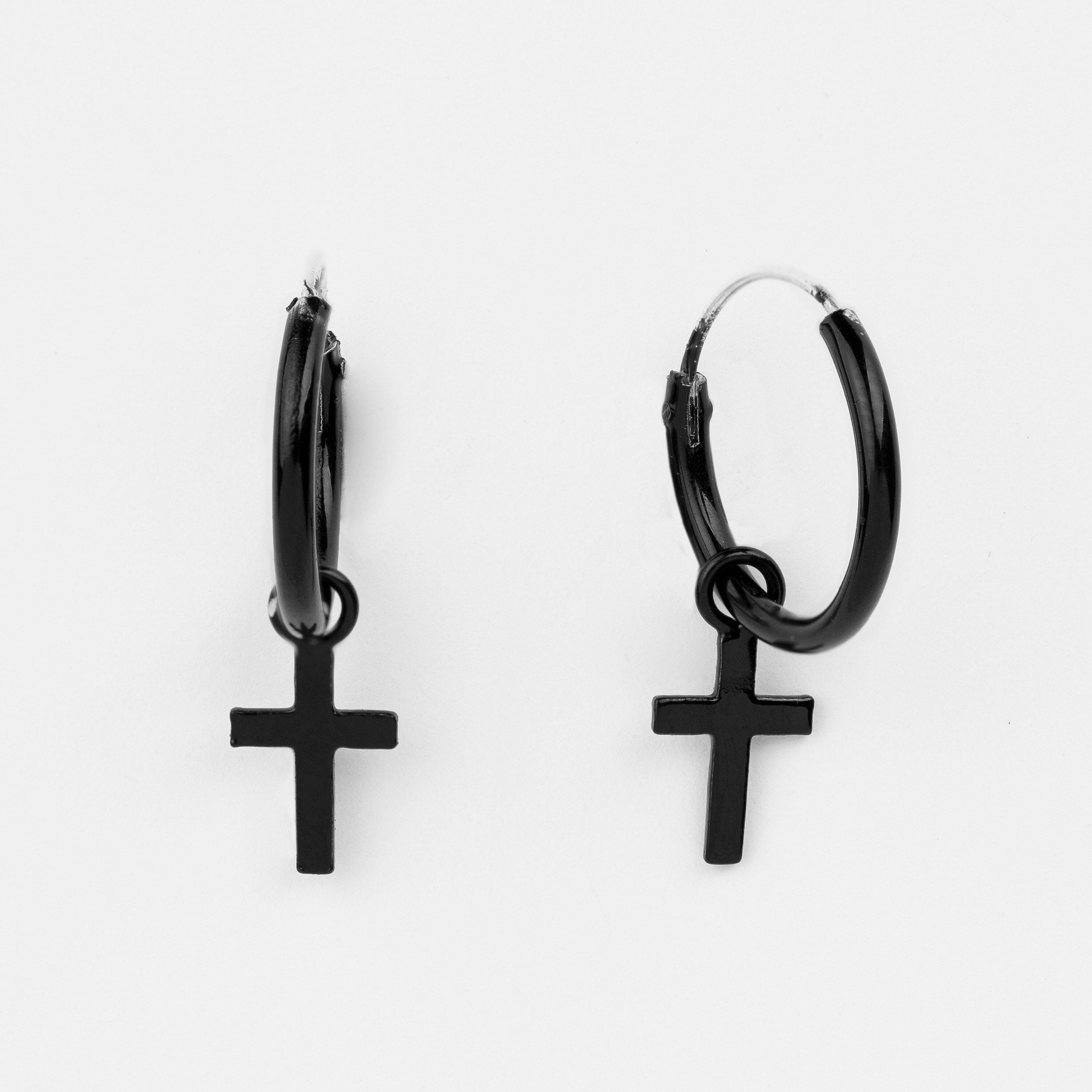 Black Hoop Cross Earrings Sterling Silver/ Dainty Earrings/ Etsy