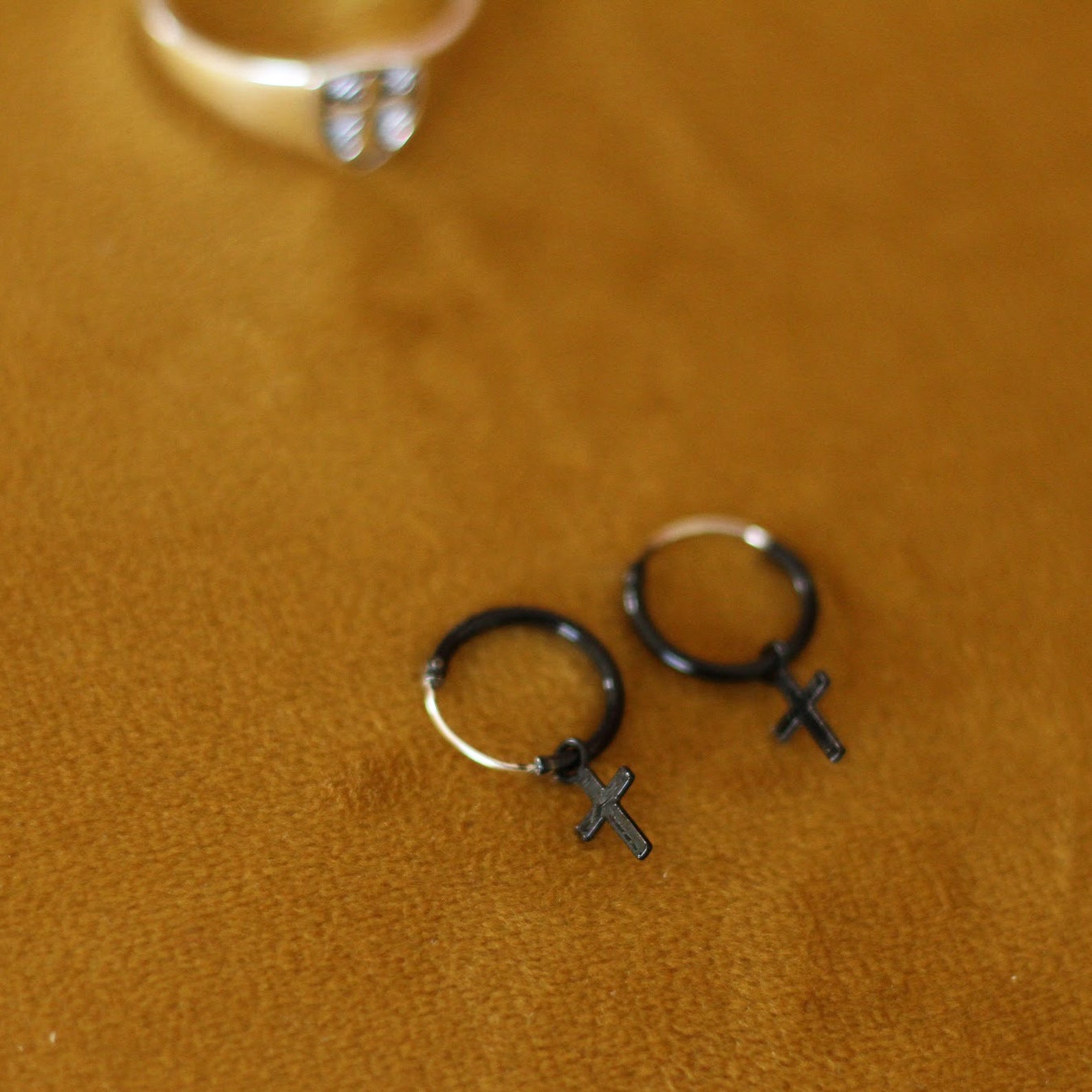 Black Hoop Cross Earrings Sterling Silver/ Dainty Earrings/ Etsy
