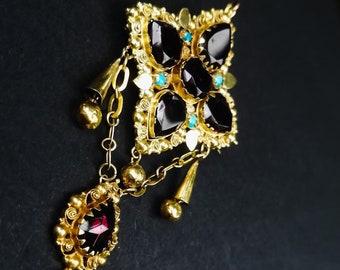 Antique High Carat Gold Garnet and Turquoise Cross Brooch/Necklace