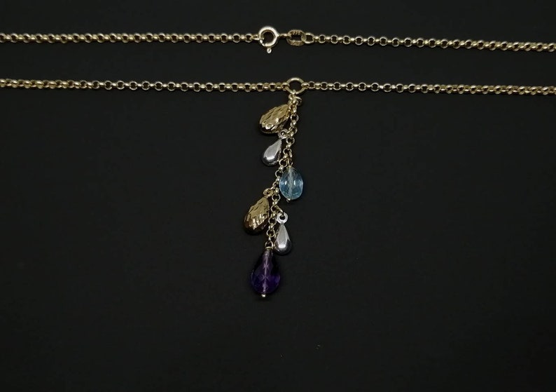 Gorgeos Topaz and Amethyst Briolette Drop Pendant on Italian Made 9ct Gold Belcher Chain image 2