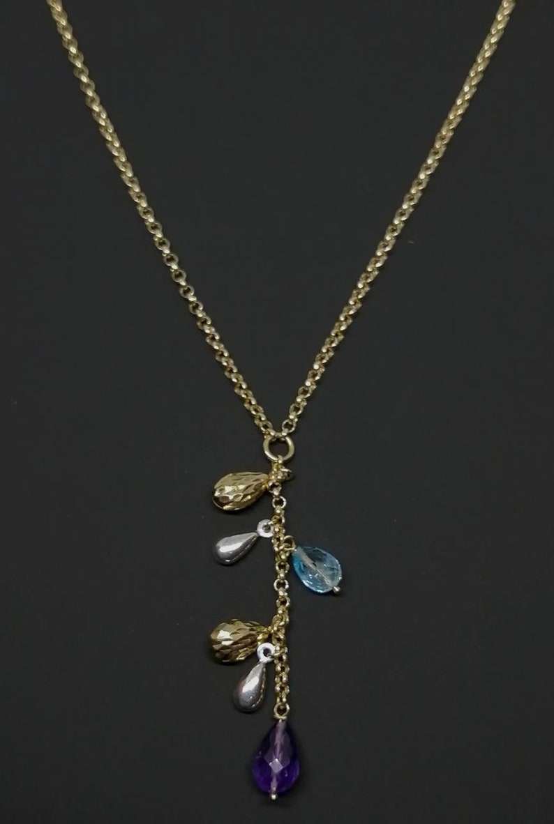 Gorgeos Topaz and Amethyst Briolette Drop Pendant on Italian Made 9ct Gold Belcher Chain image 1