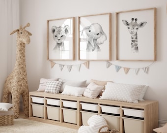 Jungle dierenprints, kunst aan de muur kinderkamer, inrichting safari kinderkamer, set babydieren kunst aan de muur, jungle dieren kinderkamer prints, digitale prints