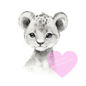 May include: A black and white watercolor illustration of a cute lion cub with a pink heart that says "INSTANT DOWNLOAD" on it.