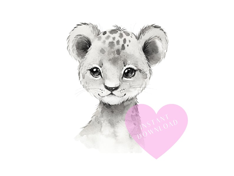 May include: A black and white watercolor illustration of a cute lion cub with a pink heart that says "INSTANT DOWNLOAD" on it.