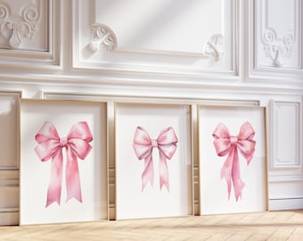 Pink Bow Print, Coquette wall art set of 3, Preppy wall art, teen room decor, preppy poster, college apartment decor, nursery girly wall art