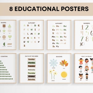 Carteles educativos, decoración de aula Montessori, conjunto de 8 carteles educativos, impresiones de educación en el hogar, decoración de la habitación del niño pequeño de Boho, impresión digital