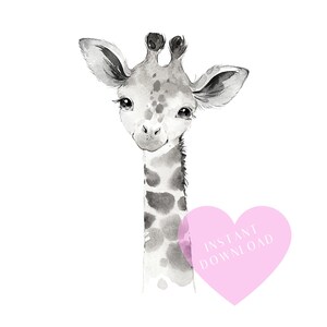 May include: Black and white watercolor illustration of a giraffe with a pink heart that says "INSTANT DOWNLOAD".