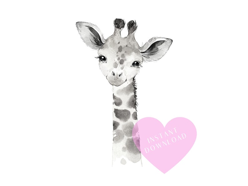 May include: Black and white watercolor illustration of a giraffe with a pink heart that says "INSTANT DOWNLOAD".