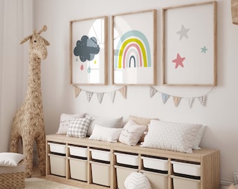 Rainbow Nursery Decor Boho Wall Art Prints, Set of 3 Digital Print