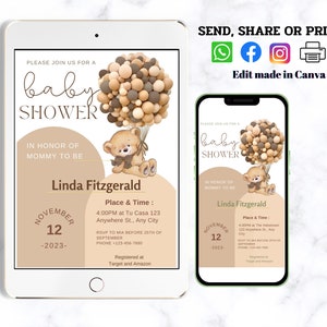 Editable Teddy Bear, Hot Air Balloon Bear Theme, Baby Shower Invitation, We Can Bearly Wait, Invites Template Instant Download