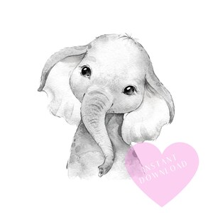 May include: A black and white watercolor illustration of a baby elephant with large ears and big eyes. The elephant is looking to the left of the image. The background is white. The image has a pink heart with the text "INSTANT DOWNLOAD" in white.